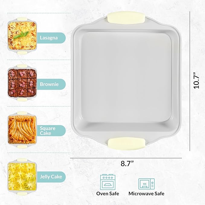 Boxiki Kitchen 8x8 Baking Pan - Non Stick Ceramic Square Cake Pan for Oven - Brownie Pan with Silicon Handle, Durable & Warp Resistant