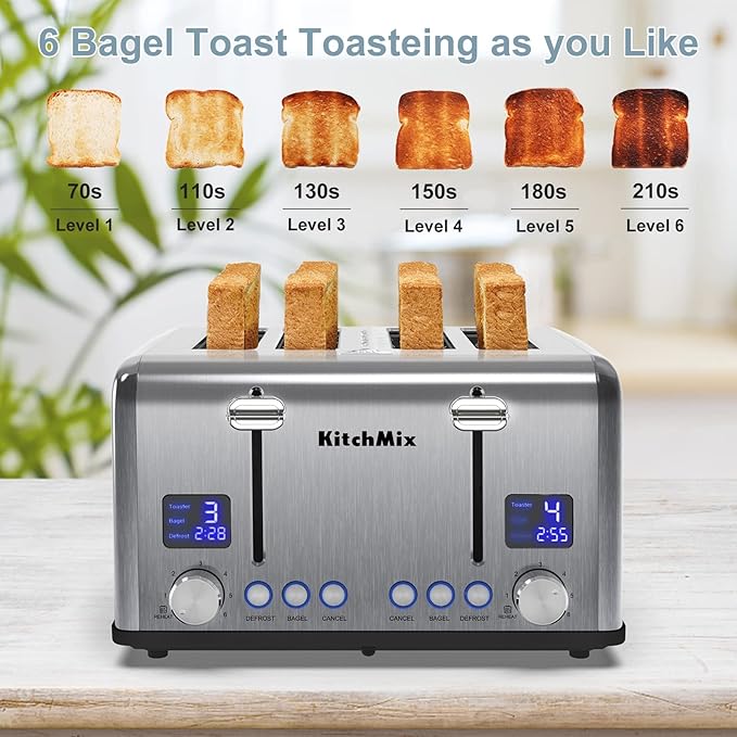 Toaster 4 Slice, KitchMix Bagel Stainless Toaster with LCD Timer, Extra Wide Slots, Dual Screen, Removal Crumb Tray (Stinless steel)