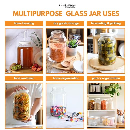 FastRack - One Gallon Wide Mouth Jar with White METAL Airtight Lid (Pack of 4) | Glass Canisters with Airtight Lids | Large Mouth Glass Jar with Fermentation Lid for brewing, fermentation and pickling