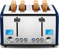 Roter Mond Countdown Stainless Steel 4 Slice Toaster with Bagel, Defrost, Cancel Function, Dual Toaster, Extra Wide Slots, 6 Shade Settings, Removable Crumb Trays, 1650W, Blue