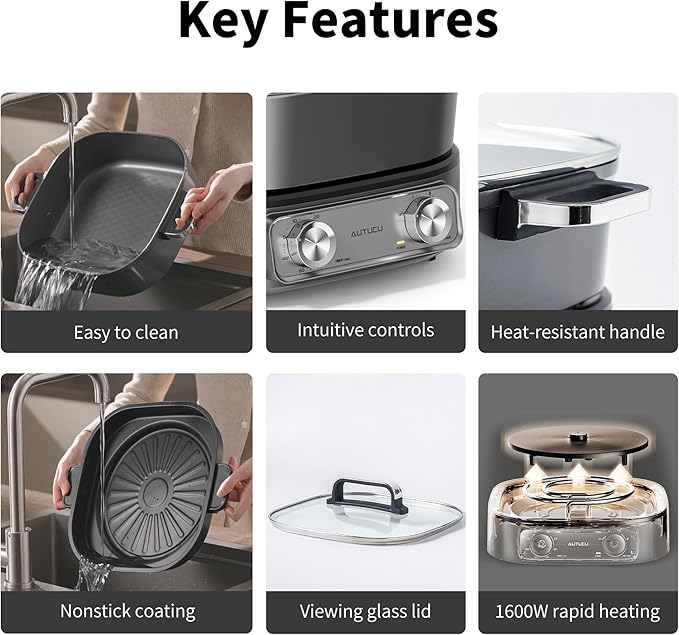 6-Quart Electric Skillet with Grill | Non-Stick PFOA-Free Ceramic-Coated Pot, 1600W, Timer & 3 Power Settings for Steak, Egg, Ramen (Includes Grill Tongs) Pot & Grill