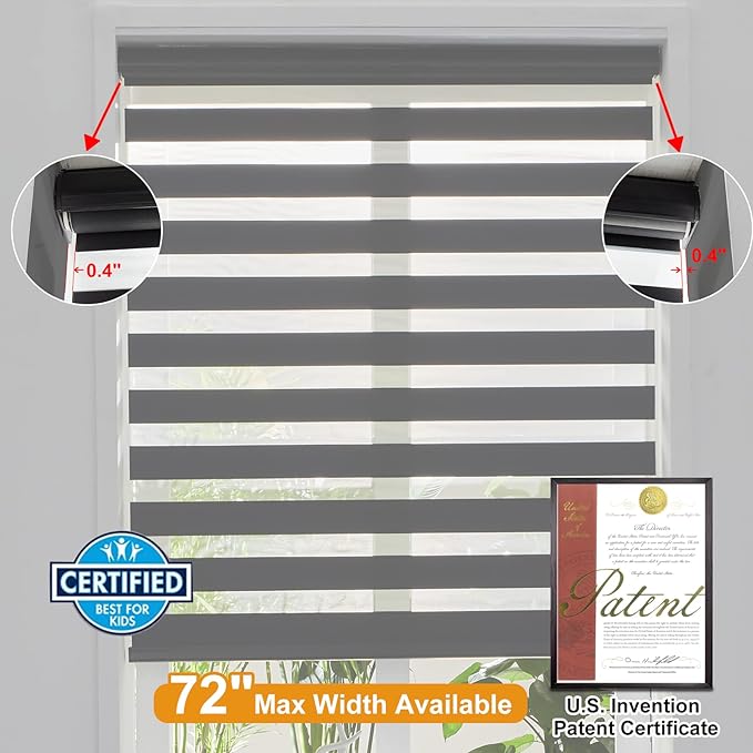 Persilux Cordless Zebra Blinds for Windows (33" W X72 H, Black) Free-Stop Roller Windows Shades Dual Layer Light Control for Day and Night, Light Filtering Sheer Shades for Home, Easy to Install