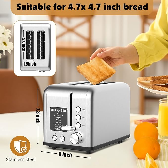 2-Slice Toaster with 8 Bread Types & 6 Browning Levels, Timer Count-down Display, Defrost, Reheat and Cancel Setting with LED Lighting, Extra lifting, Self-centering and Single Function, 825W