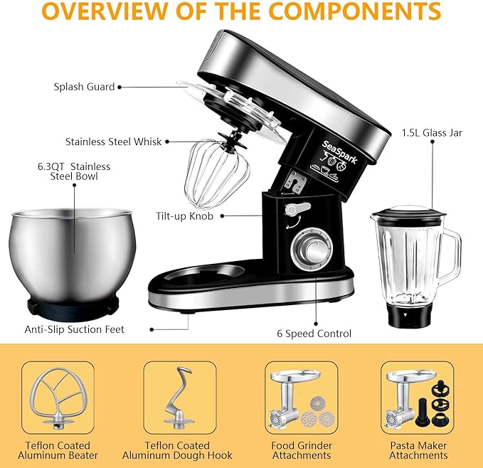 Multifunctional Stand Mixer 6.3Qt 6-Speed Tilt-head, Electric Kitchen Mixer with Stainless Steel Bowl,Meat Grinder, Juice Blender (Black)