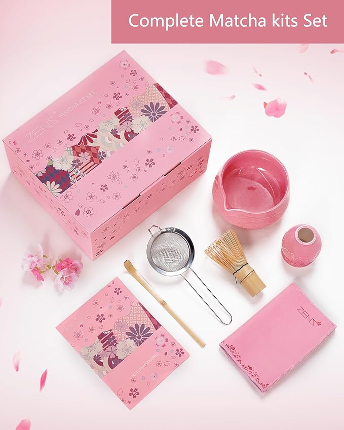 ZENS Matcha Whisk Set, 6pcs Matcha Set Pink Includes 15oz Ceramic Bowl and Bamboo Whisk (Chasen Holder) Scoop, 304 Sifter & Pink Tea Mat, Japanesse Matcha Kit for Matcha Latte-Making