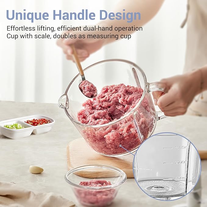 Bear Food Processor, Electric Food Chopper with 8 Cup/2L Handheld Glass Bowls, No-Hole 4 Bi-level Stainless Steel Blades for Easy Cleaning, 2 speed 400W Power Motor Grinder for Meat, and Baby Food