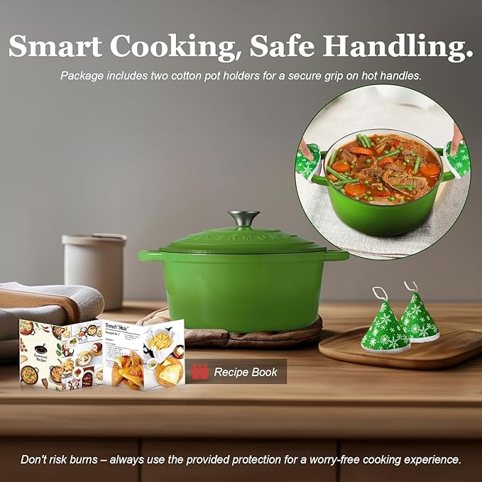 Overmont Enameled Cast Iron Dutch Oven - 5.5QT Pot with Lid Cookbook & Cotton Potholders - Heavy-Duty Cookware for Braising, Stews, Roasting, Bread Baking Green