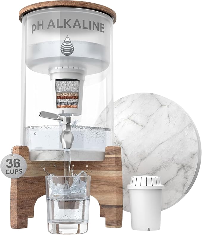 Invigorated Water pH Recharge Alkaline Water Filter Dispenser – BPA-Free Glass Countertop Water Filter Pitcher Purifier for Home & Office, 36-Cup Capacity, 360L Long Filter Life (Bamboo/Marble)
