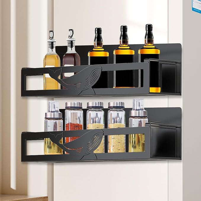 Magnetic Spice Rack for Refrigerator, 2 Pack Metal Magnetic Shelf Organizer for Fridge Side, Strong Spice Storage Rack for Kitchen, Black