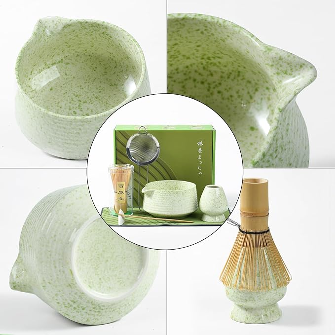 Matcha Whisk Set, Ceramic Matcha Set with Spout, Matcha Bowl Kit with Sifter, Whisk and Holder, Bamboo Scoop, Scoop Rest, Tea Towel, 7 Pcs Matcha Kit Set for Making Breakfast/Latte for Matcha Lovers