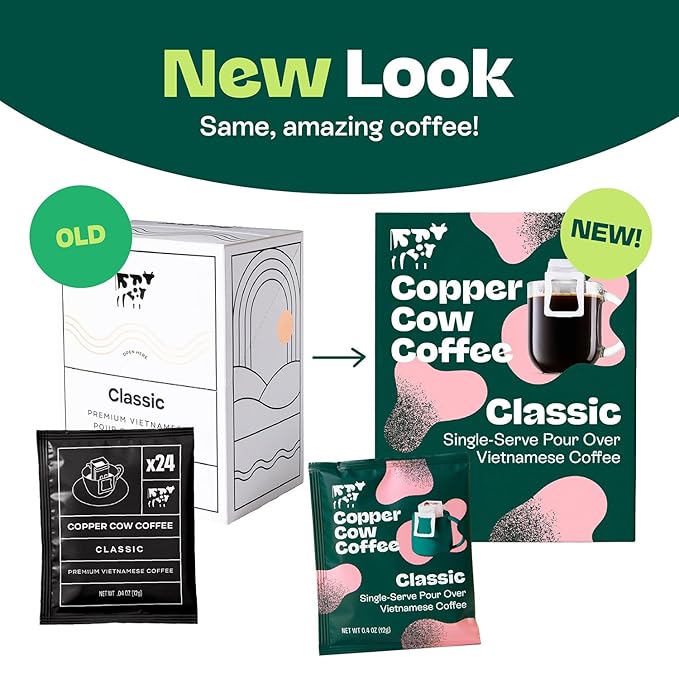 Copper Cow Coffee Pour Over Vietnamese Coffee Pouches + Sweetened Condensed Milk Creamers (8 Coffees & 8 Milk Creamers) | Classic Black Lattes, No Refrigeration Needed, Travel Friendly
