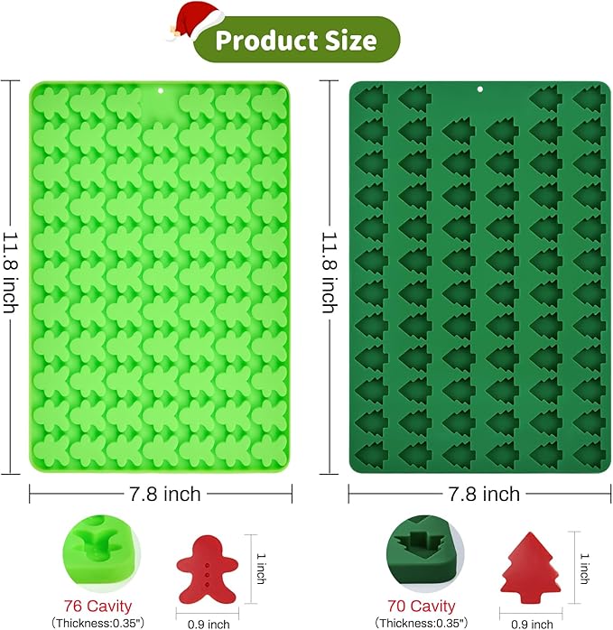 JOERSH Christmas Chocolate Silicone Molds, 2PCS Mini Christmas Tree and Gingerbread Man Shaped Candy Mold Non Stick for Fondant, Gummy, Jello, Dessert Cake Decorating