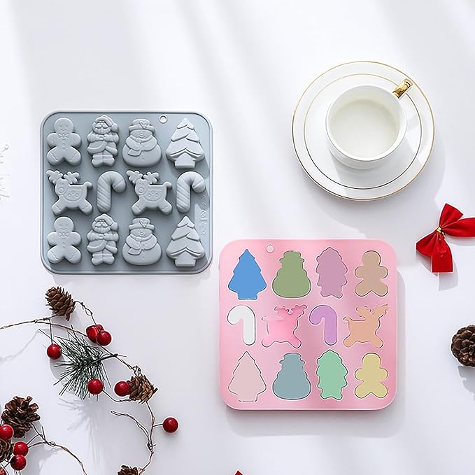 Christmas Silicone Chocolate Molds, 2Pcs Baking Molds Santa Claus Snowman Gingerbread Man Tree Walking Stick Elk 6 Shapes for Jelly Candy Ice Cube Fudge Resin