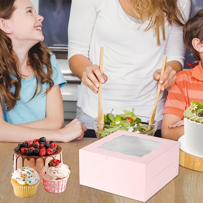 JCD 8 Packs Pink Bento Cake and Cupcake Box 1+5 Bento Box with Clear Window Fit 5 Cupcakes and 1 Mini Cake for Packaging Gift Baked Goods (Pink 1+5/8Pcs)