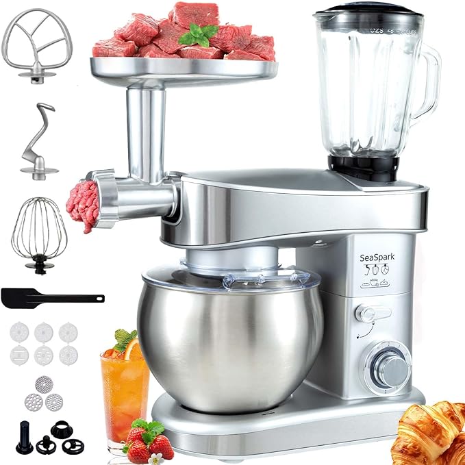 Multifunctional Stand Mixer 6.3Qt 6-Speed Tilt-head, Electric Kitchen Mixer with Stainless Steel Bowl,Meat Grinder, Juice Blender (Silver)