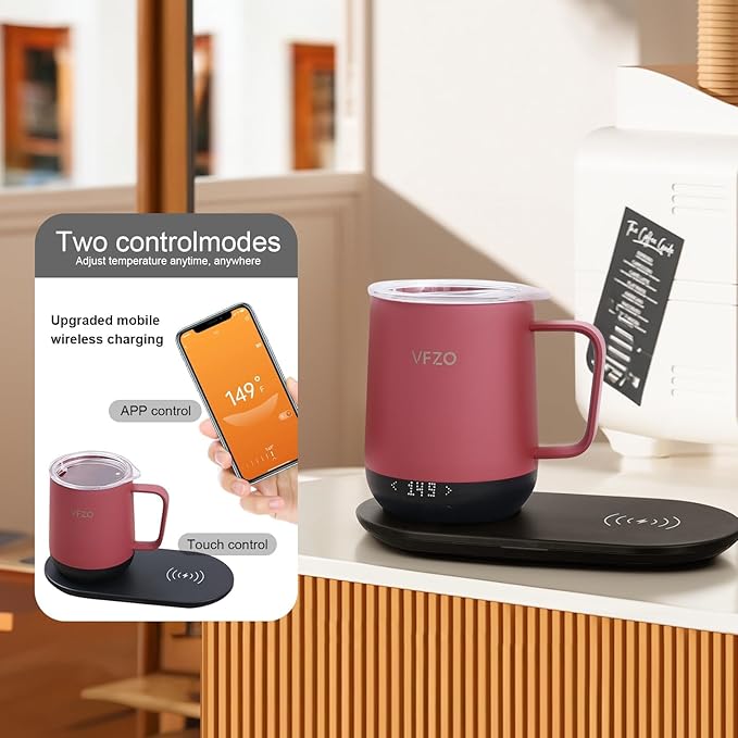 Temperature Control Smart Mug, Self Heating Coffee Mug LED Display, 180 Min Battery Life - Hot up to 149℉ Fast Wireless Charger Base Improved Design coffee serving sets(12oz, Dusty Rose)