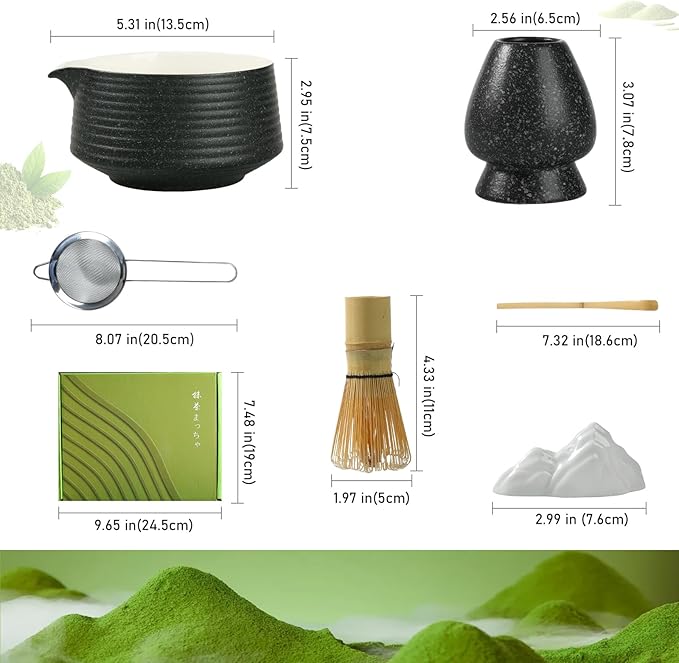 Matcha Whisk Set, Ceramic Matcha Set with Spout, Matcha Bowl Kit with Sifter, Whisk and Holder, Bamboo Scoop, Scoop Rest, Tea Towel, 7 Pcs Matcha Kit Set for Making Breakfast/Latte for Matcha Lovers