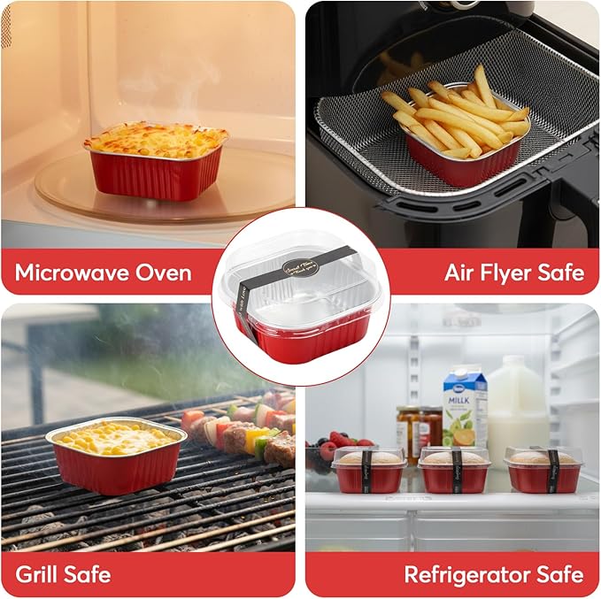 Ruckae 5oz 100 Pcs Square Mini Loaf Pans with Lids-Disposable Foil Dessert Containers,Mini Cake Pans with Lids,Aluminum Dessert Cups for Parties and Weddings (Red, 5oz)