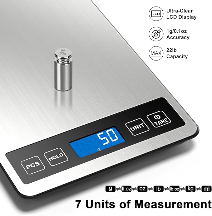 Fuzion Food Scale, 1g/0.1oz Digital Kitchen Scale - 22lb, 7 Units, Tare & PCS, Rechargeable Power, Tempered Glass & Stainless Steel - Food Weight Scale Grams and Ounces for Cooking, Baking