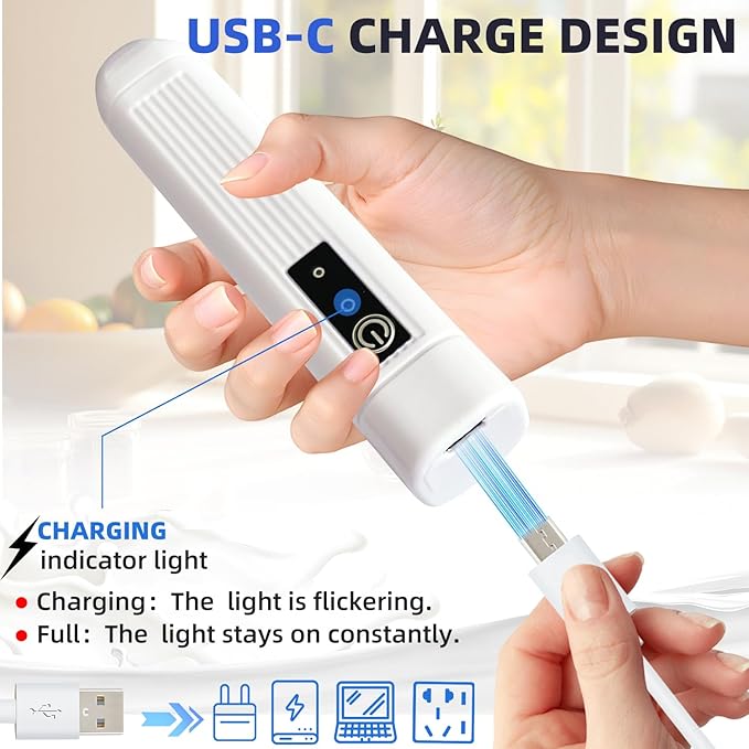 Rechargeable Milk Frother Handheld, 3 Speeds Electric Coffee Mixer Wand with Stainless Steel Whisk for Hot Chocolate, Eggs, Latte, Cappuccino (White)