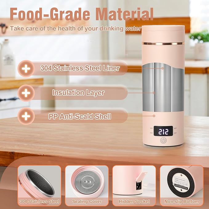 Travel Electric Kettle Portable Mini Kettle,Small Hot Water Boiler with 4 Temperature Settings,304 Stainless Steel,Fast Boiling Water with Auto Shut-Off and Boil Dry Protection (Pink, 400ml)