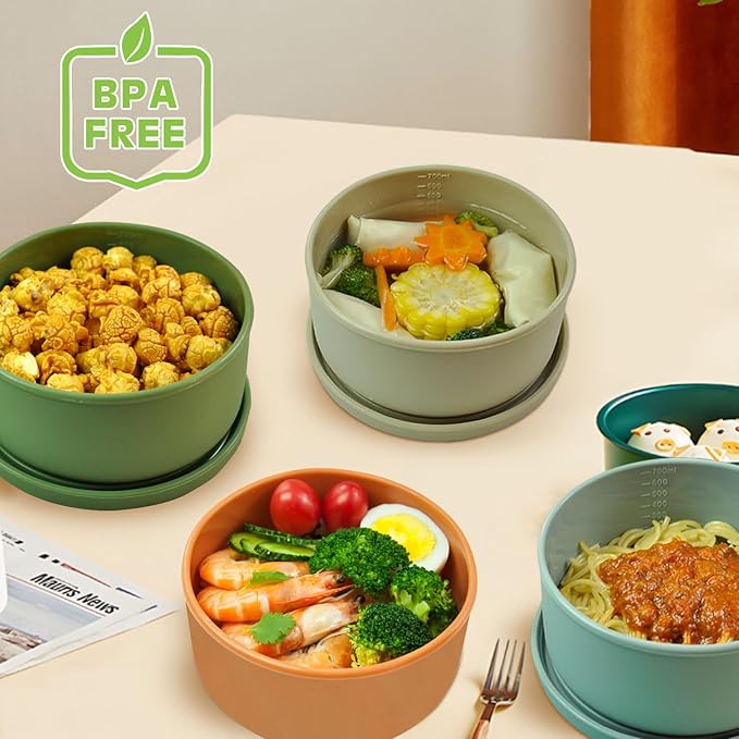 XU&PEIQI 24oz Silicone Lunch Box, Round Small Salad Bowl with Lid, Airtight Food Container for Meal Prep, Leftovers, Soup & Stew Storage. Microwave, Fridge, Dishwasher Safe. BPA-Free.(Ocean blue)
