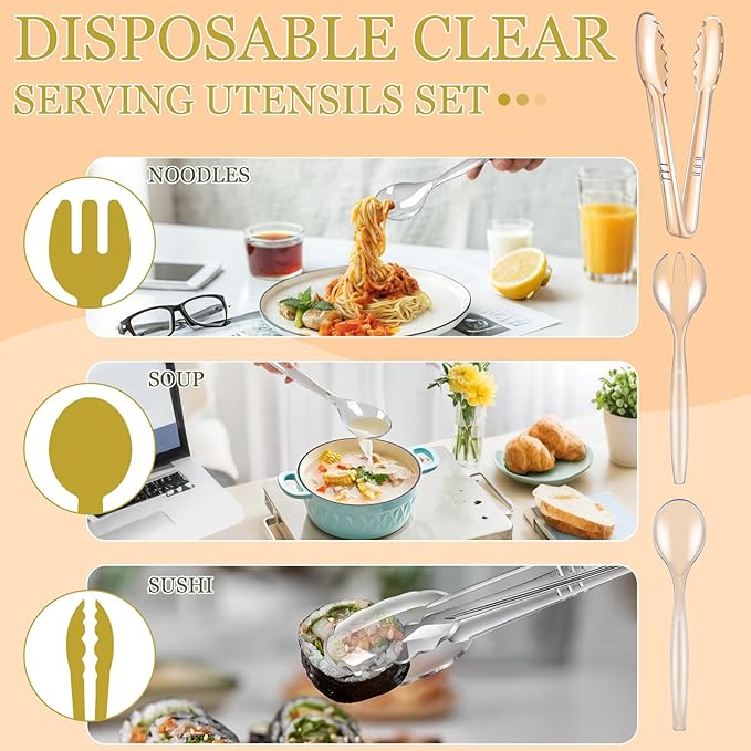Dualshine 24 Pcs Disposable Clear Plastic Serving Utensils, 8 Set Including Plastic Serving Spoons, Tongs, and Forks for Dinner Parties, Buffets, Banquets, Events, Weddings, and Daily Use