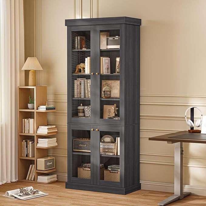 70.8" Bookshelf with Glass Doors, Farmhouse Modular Bookcase with 6-Tier Adjustable Shelves, Large Storage Cabinet for Living Room & Home Office, Set of 2, Black