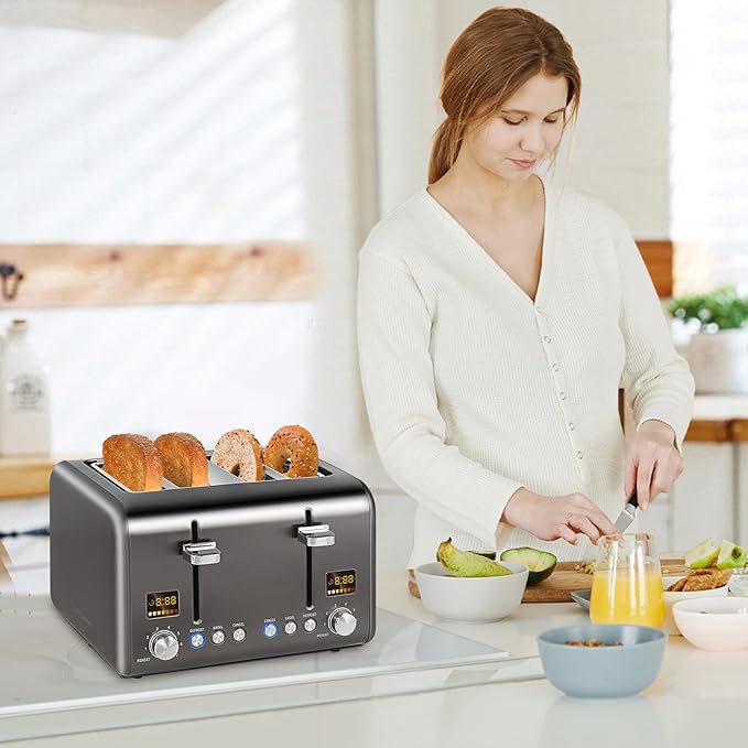 SEEDEEM 4 Slice Stainless Toaster with LCD Display, 7 Shade Settings, Wide Slots, Bagel/Defrost/Reheat Functions, Removable Crumb Tray, 1800W