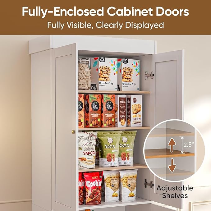 70.8" Tall Farmhouse Kitchen Pantry Cabinet with Doors, Modular Storage Cabinet with 4-Tier Adjustable Shelves, White, Wooden Hutch for Kitchen, Living Room, Set of 2