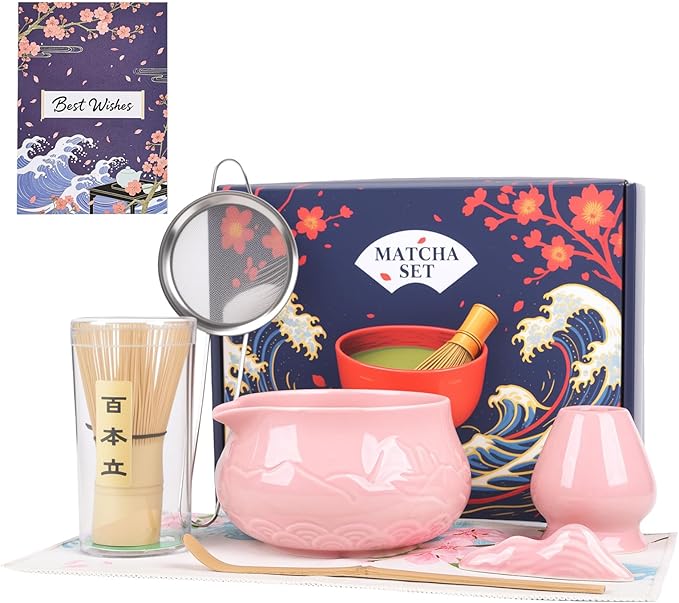 8 Pcs Matcha Whisk Set with Ceramic Bowl, Scoop Rest, Sifter, Tea Mat, Greeting Card, Whisk Holder, Bamboo Whisk and Scoop, Perfect Present for Friend Family Matcha Tea Lovers, Ceremony Kit