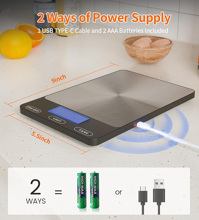 Food Scale -33lb Digital Kitchen Scale for Food Ounces Grams Rechargeable 305 Stainless Steel,Batteries and Type-C Charging | Perfect for Meal Prep, Cooking, and Baking, Black