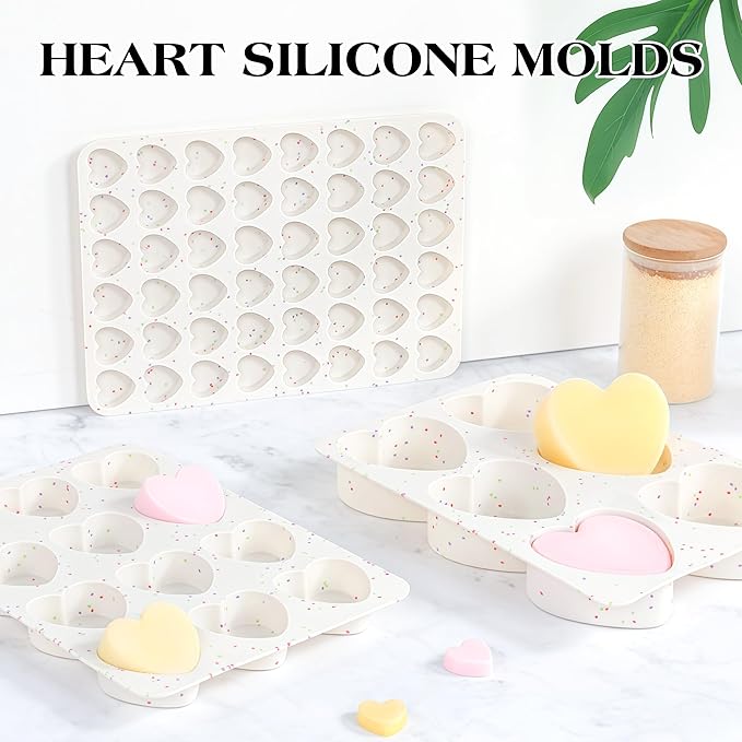 2 Inch Small Heart Shaped Silicone Molds for Chocolate, Candy, Cake, Soap (Set of 2, Cream)