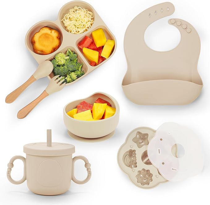 Silicone Baby Feeding Set, Baby Led Weaning Supplies, Baby Food Tableware Silicone Suction Plate, Bowl, Spoons, Fork, Waterproof Bib, Cup & Complementary Food Cake Mold, Baby Eating Utensils