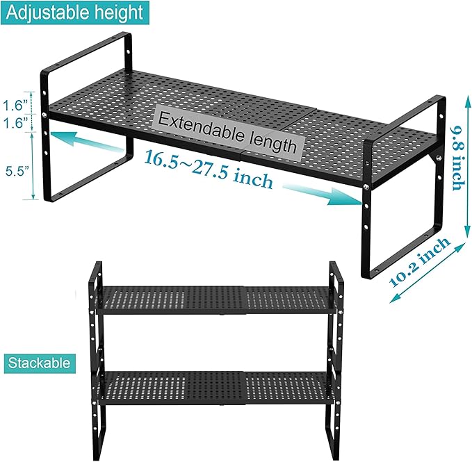 iPEGTOP Large Expandable Cabinet Storage Shelf Organizer Rack, Heavy Duty Stackable Steel Metal Spice Rack Adjustable Height Office Pantry Garage Shelves for Counter Kitchen, Black - 1 Pack