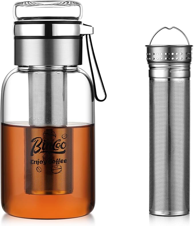 Glass Cold Brew Coffee Maker with Extended Fine Mesh Filter, Tea Infuser Bottle Iced Coffee Maker with Thick Borosilicate Glass (750ml/24oz)