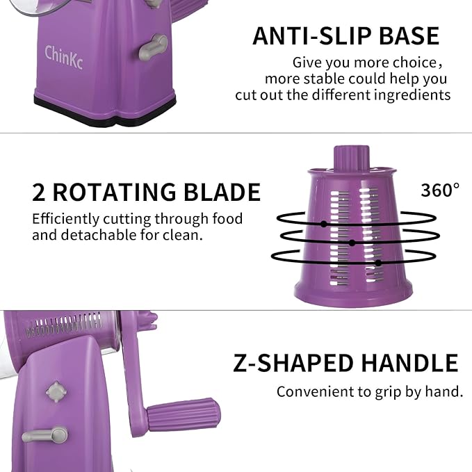 Rotary Cheese Grater Shredder - Upgraded 5 in 1 Cheese Grater with Handle and Strong Suction Base, Multi-purpose Julienne Slicer Ice Shaver Nuts Grinder for Ice, Vegetables, Fruit, Nuts