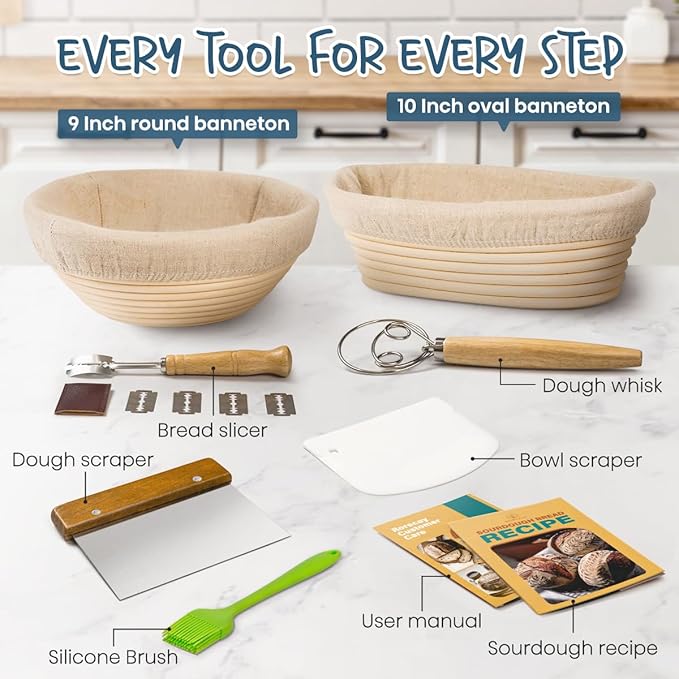 RORECAY Bread Banneton Proofing Basket Set, 9 Inch Round & 10 Inch Oval Cane Sourdough Baskets with Dough Whisk Lame Dough Scraper Bowl Scraper Silicone Brush Sourdough Bread Baking Supplies