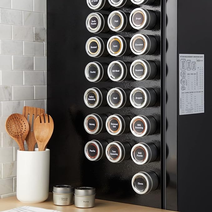 Talented Kitchen Magnetic Stainless Steel Spice Jars - 24-Pack, 3 oz, Silver - Magnetic Kitchen Spice Jars with Organizer Plates & Lids for Fridge & RV - Includes 6 Wall Plates & 269 Preprinted Labels