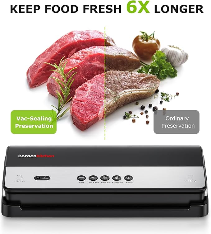 Bonsenkitchen Vacuum Sealer Machine, Multi-Functional Food Sealer with Built-in Cutter & Bag Storage, High-Speed Continuous Working with Globefish Technology, Includes Vacuum Bags & Roll Bag, Black