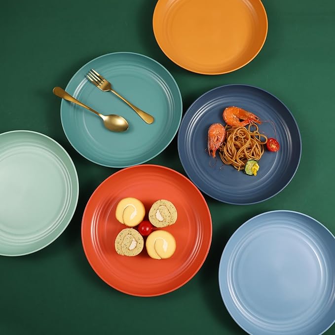 12 Pcs Unbreakable Deep Dinner Plates Set, 10 inch Reusable Plastic Wheat Straw Plates, Microwave and Dishwasher Safe Plate for Kitchen, Lightweight Plate for Dessert, BPA Free, 6 Colors