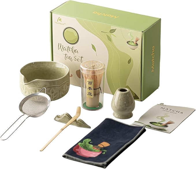 Matcha Whisk Set, 7 PCS Matcha Kit with Matcha Bowl with Spout, Bamboo Matcha Whisk and Scoop, Matcha Accessories & Sifter – Complete Matcha Set for Tea Lovers, Matcha Gift Set (Green)