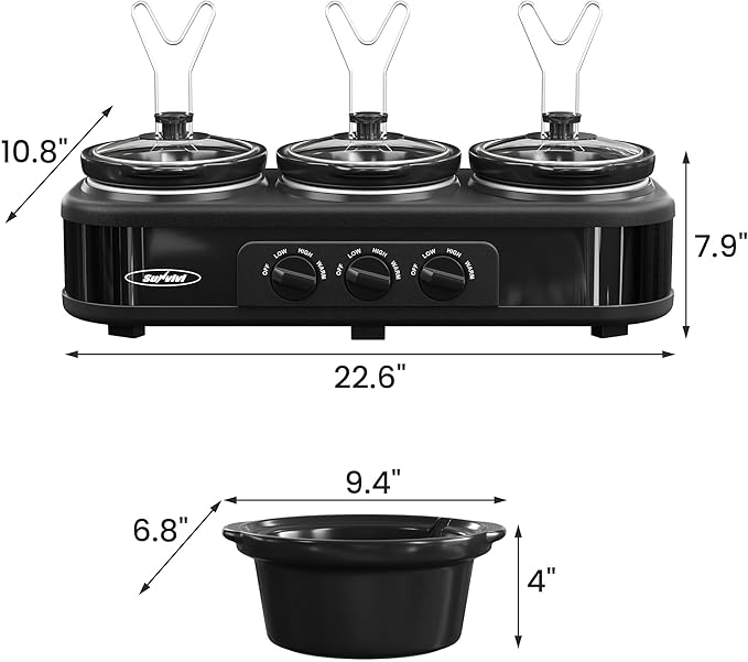 Sunvivi Triple Slow Cooker Buffet Servers and Warmer,3 Pot Food Small Mini Manual Slow Cooker with Adjustable Temp Stainless Steel Lid Rests,Removable Ceramic Pot, 3 * 1.5 Quarts Black