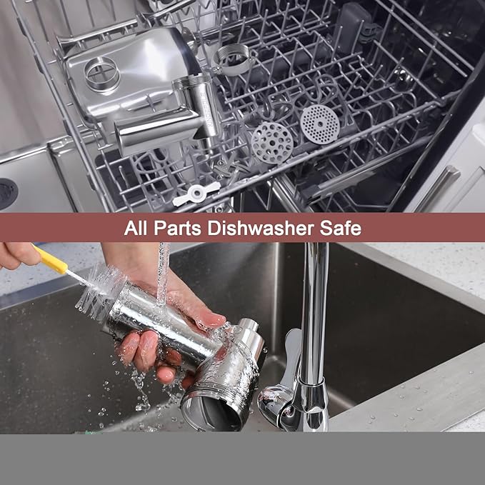 Stainless Steel Meat Grinder Attachment for KitchenAid Stand Mixers, Includes 3 Grinding Plates & 3 Sausage Stuffer Tubes, All-Metal Food Grinder, Dishwasher Safe