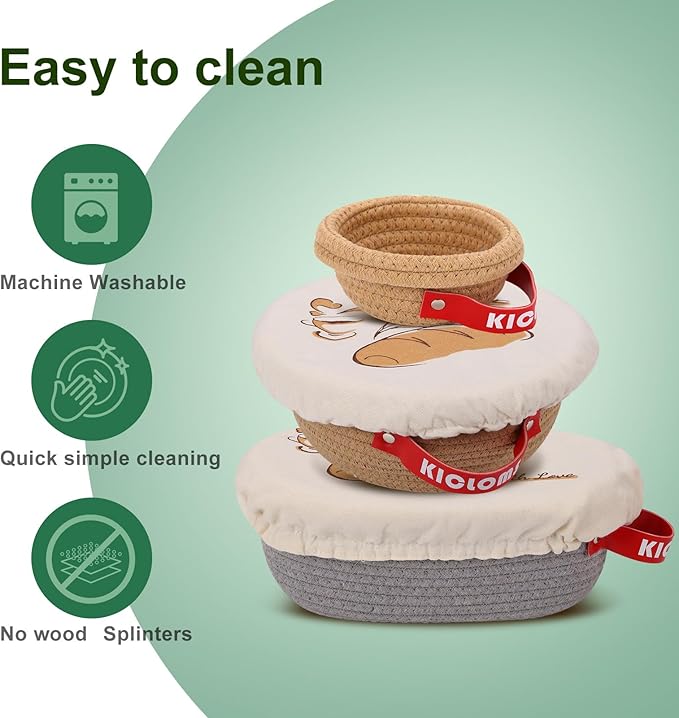 Banneton Bread Proofing Basket Set of 3 (9" Round & 10" Oval& 5" Round) - Natural Cotton Rope Sourdough Proofing Baskets with Reusable Liners & Dust Covers - Artisan Bread Baking Supplies