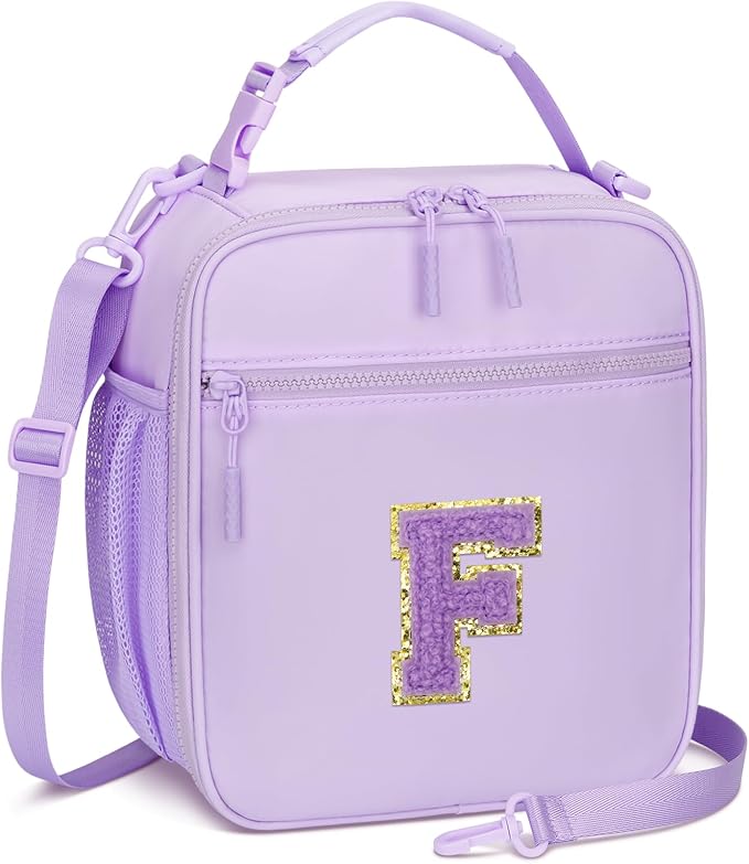 Initial Insulated Lunch Bag for Girls Kids, Back to School Gift, Reusable Leak-proof Lunch Box with Adjustable Strap for School Daycare Travel Picnic (Purple,F)
