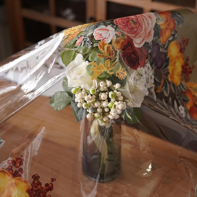 Clear Table Cover Protector Vinyl PVC Rectangle Table Cloth with Floral Fruit Pattern Oil Spill Proof Plastic Tablecloths for Dining Tables Parties Holidays (Floral Fruit, 55 x 104 Inches)