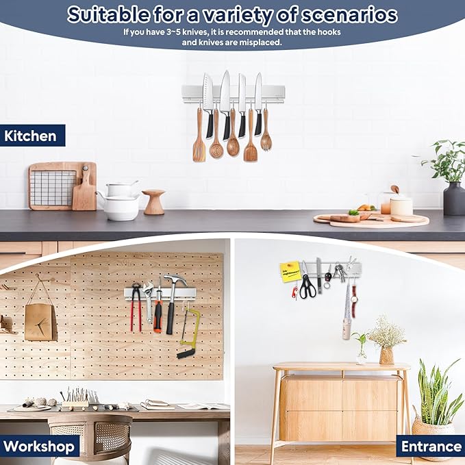 12 Inch Magnetic Knife Holder with 5 Hooks, No Drilling Wall Mount, Powerful Magnet Strip and Utensil Hanger