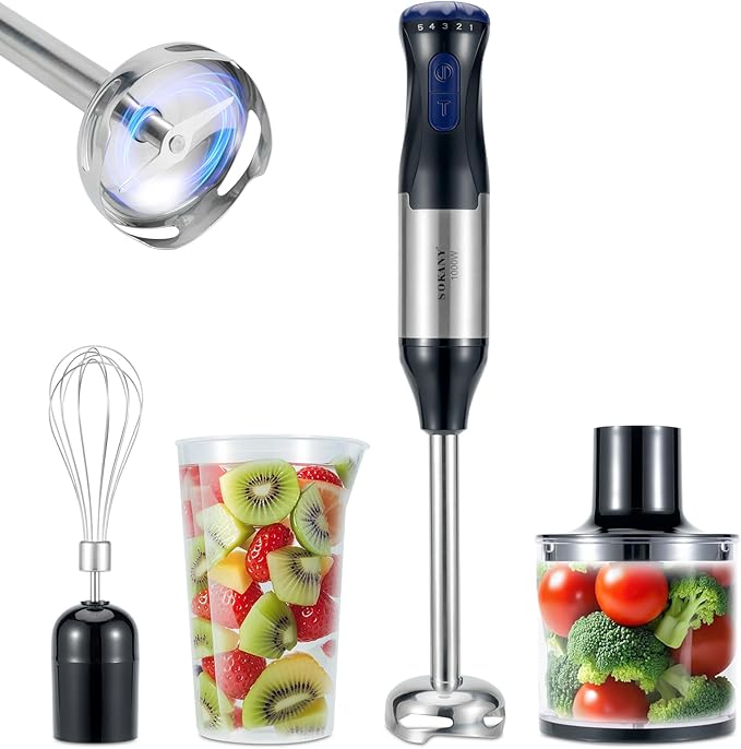 Immersion Blender, 4 in 1 Hand Bender Max 1000W, 5 Speeds & Turbo with Copper Motor Stainless Steel Blade, Handheld Blender Stick Mixer with Egg Whisk, 700ml Beaker & 500ml Chopper Bowl