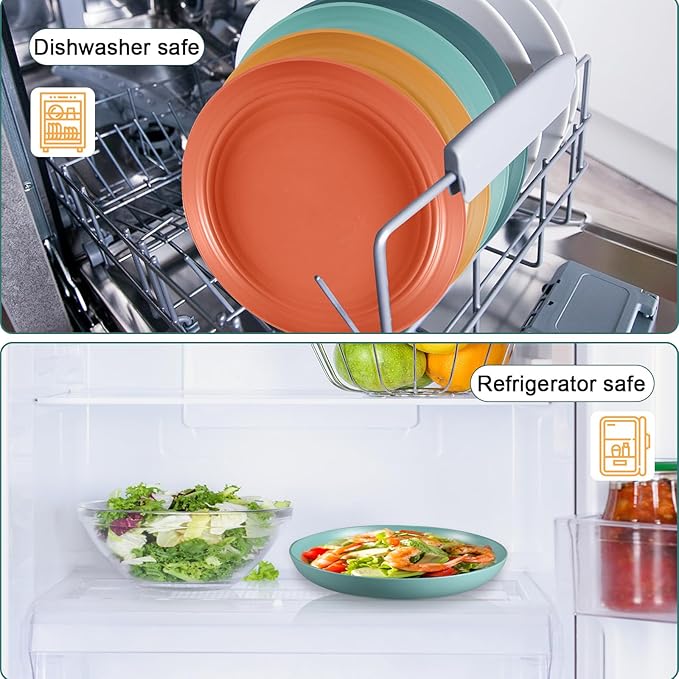 12 Pcs Unbreakable Deep Dinner Plates Set, 10 inch Reusable Plastic Wheat Straw Plates, Microwave and Dishwasher Safe Plate for Kitchen, Lightweight Plate for Dessert, BPA Free, 4 Colors